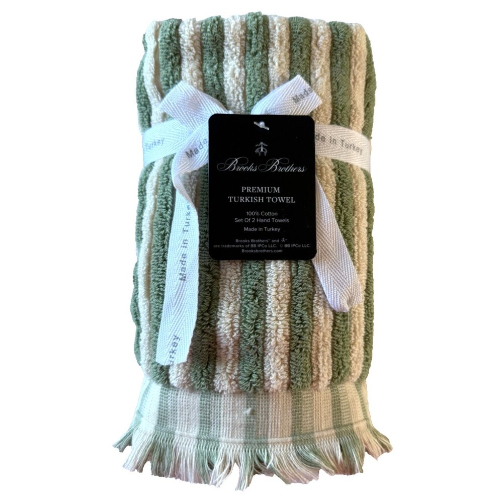 Brooks Brothers Hand Towels Ivory Green Luxury Thick Turkish Cotton Set of 2
